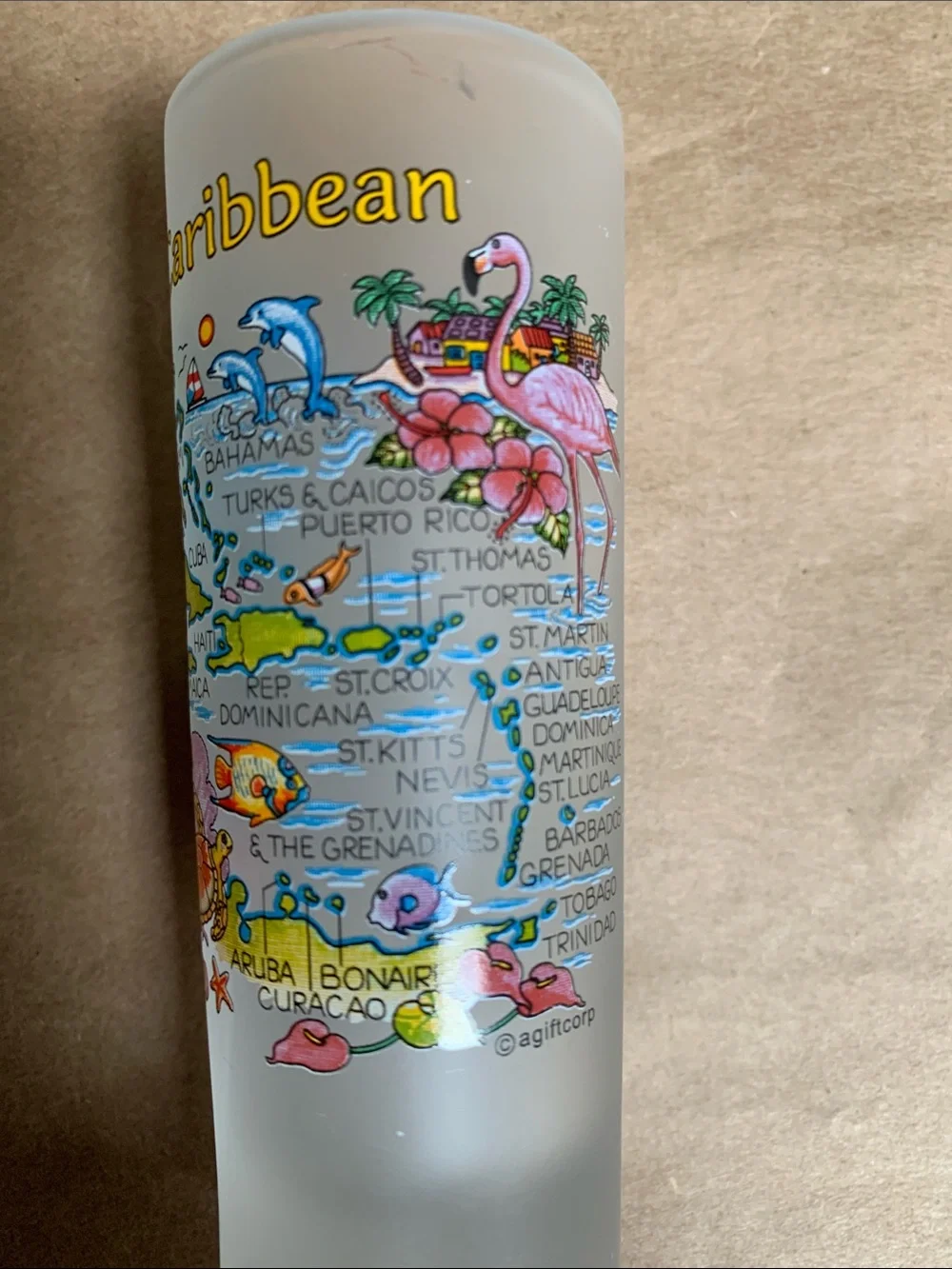 Collectibles Caribbean Frosted Shot Glass w/Colorful Island Map. Pre-Owned.T:4in